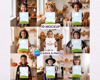 Kids Halloween Letter Portrait Mockup, Realistic Lifestyle Worksheet Template (Canva PNG)