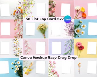 50 Minimalist Flower Flat Lay Card Mockup Bundle | 5x7 Invitation Canva Mockups