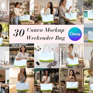 May include: A collection of images showcasing a white and light blue weekender bag with a green base. The bag has rope handles and is featured in various settings. Text on the image reads "30 Canva Mockup Weekender Bag" and includes the Canva logo.