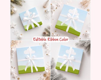 Christmas Gift Box Mockup Bundle for Canva, 4 Minimal Mockups with Editable Ribbon Colors