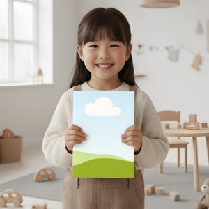 May include: A young person smiles while holding a rectangular artwork. The artwork features a blue sky with a white cloud and green rolling hills. The background shows a room with a table and toys.