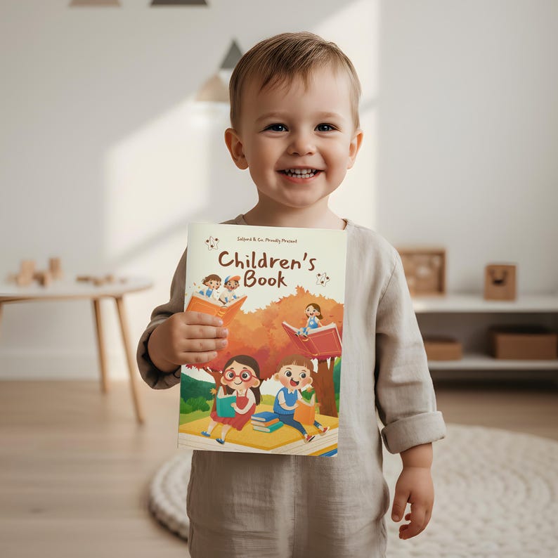 May include: A smiling child holds a children's book with a colorful illustration. The book cover features cartoon children reading books under a tree. The book's title is "Children's Book". The child is wearing a long-sleeved, neutral-colored shirt.