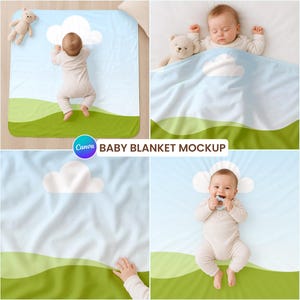 May include: A baby blanket featuring a light blue sky background with a white cloud and a green rolling hill at the bottom. The blanket is displayed in four different views, showing a baby lying on it and the text BABY BLANKET MOCKUP.