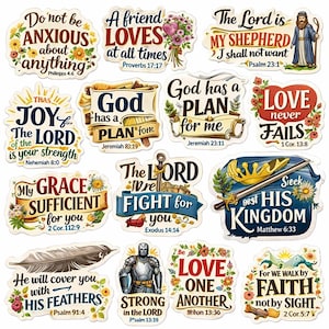 Puede incluir: Una colección de pegatinas coloridas con citas religiosas y detalles florales. Las pegatinas presentan frases como «No se preocupen por nada», «Dios tiene un plan para mí» y «El amor nunca falla». Cada pegatina tiene un diseño y una fuente únicos.