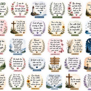 May include: A collection of thirty individual stickers featuring watercolor illustrations and religious scripture verses. Each sticker displays unique text, floral wreaths, landscapes, or symbols like crosses, lanterns, and lighthouses, all accented with a small heart icon.