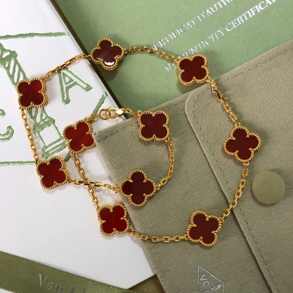 Authentic Van Cleef 18K Yellow Gold 10 motif Necklace Vintage Alhambra Natural Carnelian Agate Pendant  Women's Necklace Gifts for her