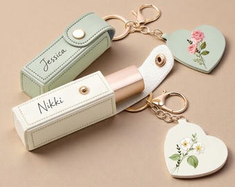 Personalized Leather Lipstick Case Keychain, Engraved Lipstick Holder with Mirror, Bridesmaid Proposal Gift, Bachelorette or Wedding Favor