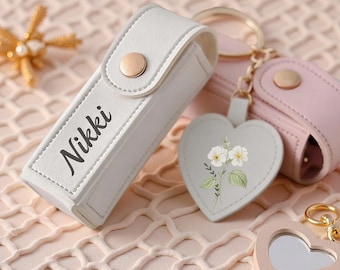 Custom Name Anti lost Lipstick Storage Bag Lipstick Bag Keychain Lipstick Box with Mirror Lipstick Holder Bridesmaid Proposal Gift for Her