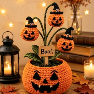 Handmade Crochet Halloween Potted Plant, Jack O Lantern Pumpkin Ghost Bat Lily of The Valley, Spooky Gothic Desk Decor, Fall Halloween Gift