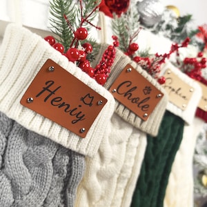 Family Christmas Stockings, 2024 Family Stockings with Name, Leather Patch Knitted Stockings, Holiday Stockings, Christmas Gift