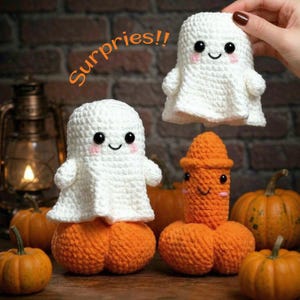 May include: Two white crocheted ghost figures with black eyes and pink cheeks, one orange crocheted phallic figure with black eyes and pink cheeks, and several orange pumpkins. The text Surprises!! is visible in the upper left corner.