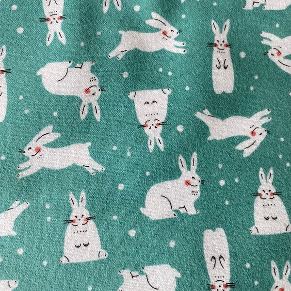 Cloud9 fabric, winter forest, snowhares, organic cotton flannel fabric, rabbit print brushed organic cotton fabric UK