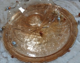 Vintage 1950's Floragold Jeanette Platter & matching serving bowl Iridessant Amber Depression Glass