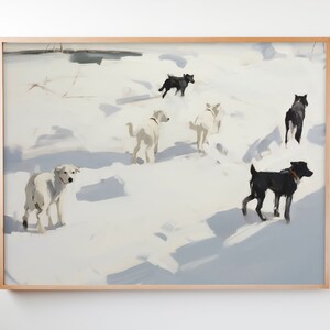 Puede incluir: Una pintura de seis perros corriendo por un paisaje nevado. Los perros son una mezcla de blanco y negro, y todos corren en diferentes direcciones. La nieve es blanca y esponjosa, y el cielo es de un azul claro.