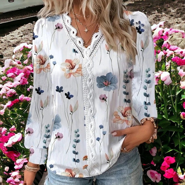 Ladies Spring/Summer V-neck Vintage Floral Printed Blouse Long Sleeve Lace Stitching Loose fitting Elegant & Chic New for 2024