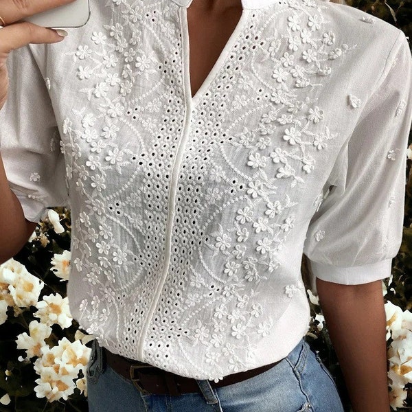 Ladies Spring/Summer Floral Embroidery Cotton Lace Blouse Hollow-out Stand Collar V Neck Casual Shirt Elegant Short Sleeve Cotton Top