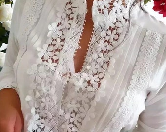 Primavera/señoras hermosa blusa Vintage blanca elegante sólida muñeca gancho flor con cuello hueco camisa blusa Top