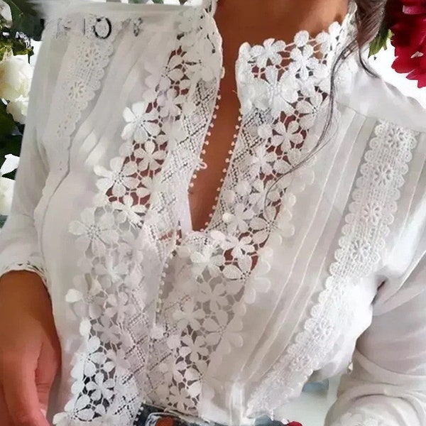 Printemps/Dames beau chemisier blanc vintage Chic solide poignet crochet fleur avec creux col montant chemise chemisier haut