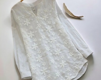 Summer Floral Embroidered Blouse Lace Long Sleeve Top V Neck Embroidery Loose Plus Size S-5XL Elegant Shirt