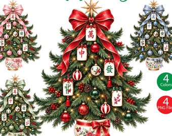May include: A digital bundle titled Christmas Mahjong Tree PNG Bundle featuring four illustrated Christmas trees decorated with Mahjong tiles, red and green ornaments, pinecones, and berries, each set in a floral pot with a large bow on top.