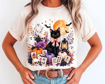 Spooky Halloween Mahjong Tiles PNG, Watercolor Black Cat Pumpkin Floral Skull Clipart Bundle
