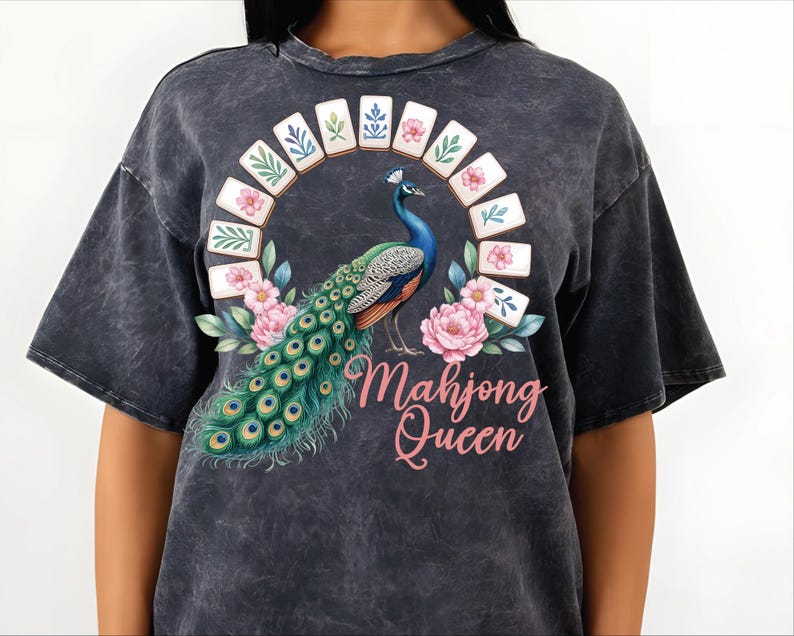 Mahjong Queen Clipart: Watercolor Peacock with Floral Mahjong Tiles (8 PNG Files, 3 Quotes) image 8