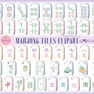 Puede incluir: Una colección de 45 imágenes prediseñadas de baldosas de Mahjong en acuarela. Las baldosas presentan diseños florales, de bambú y de caracteres chinos en colores pastel. Se muestra el texto "MAHJONG TILES CLIPART Full Set".