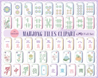 May include: A collection of 45 watercolor Mahjong tile clip art images. The tiles feature various symbols, numbers, and Chinese characters in a pastel color palette. The set includes flowers, bamboo, and dragons.
