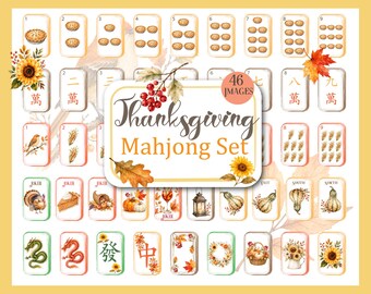 Thanksgiving Mahjong Tiles PNG Bundle, Autumn Watercolor Fall Clipart, Harvest Digital Download