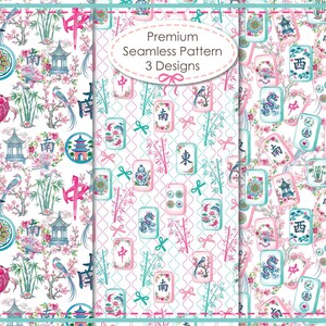 May include: A digital graphic featuring three seamless patterns with Mahjong tiles, pink cherry blossoms, bamboo stalks, koi fish, pagodas, and Chinese characters. The central panel includes an oval label with the text Premium Seamless Pattern 3 Designs.