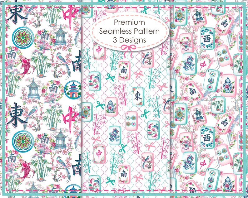 May include: A digital graphic featuring three seamless patterns with Mahjong tiles, pink cherry blossoms, bamboo stalks, koi fish, pagodas, and Chinese characters. The central panel includes an oval label with the text Premium Seamless Pattern 3 Designs.