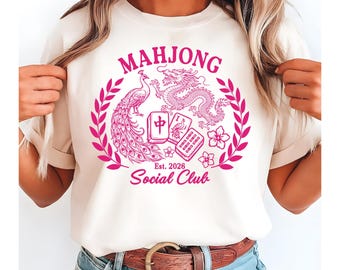Imágenes prediseñadas PNG de Mahjong Social Club / Dragón y pavo real estilo chinoiserie (descarga digital)