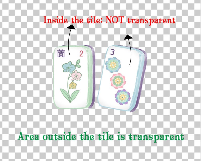 May include: Two rectangular mahjong tiles with rounded corners. The left tile features a purple Chinese character, the number 2, and a multi-coloured orchid illustration. The right tile displays the number 3 and three stylised floral designs.