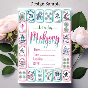 May include: A rectangular invitation card featuring a border of colorful mahjong tiles with various illustrations including dragons, bamboo, and flowers. The center text reads Let's play Mahjong with blank lines for Date, Time, Location, and RSVP information.