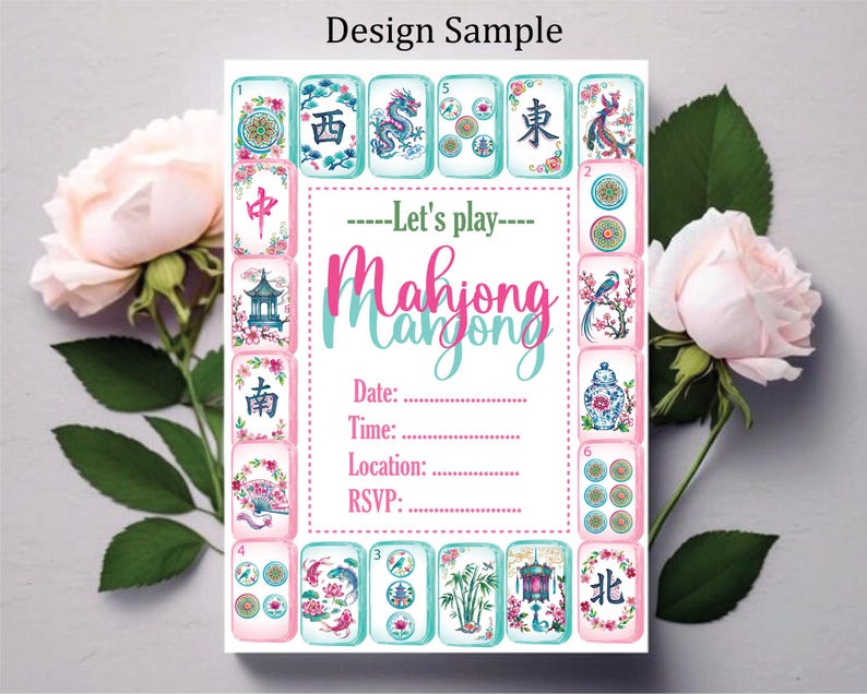 May include: A rectangular invitation card featuring a border of colorful mahjong tiles with various illustrations including dragons, bamboo, and flowers. The center text reads Let's play Mahjong with blank lines for Date, Time, Location, and RSVP information.