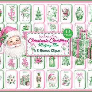May include: A digital collection of watercolor Chinoiserie Christmas Mahjong tiles and bonus clipart featuring green and pink illustrations of Santa, pagodas, gift boxes, poinsettias, and dragons with the text Watercolor Chinoiserie Christmas Mahjong Tiles & 8 Bonus Clipart.