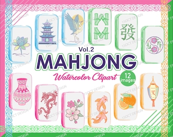 Mahjong Aquarell Clipart – Handgemalte Fliesen im Set | 12 PNG-Dateien | Digitaler Download