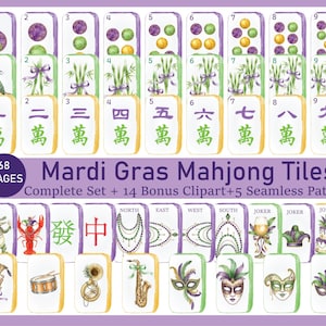 May include: A complete set of Mardi Gras Mahjong tiles with bonus clipart and seamless patterns. The tiles feature watercolor illustrations of dots, bamboo, and Chinese characters. Additional tiles include Mardi Gras themed images and text.