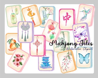 Mahjong Tiles Watercolor Clipart: hand-drawn Pastel Digital Set (Digital Download)