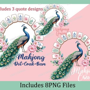 Mahjong Queen Clipart: Watercolor Peacock with Floral Mahjong Tiles (8 PNG Files, 3 Quotes) image 3