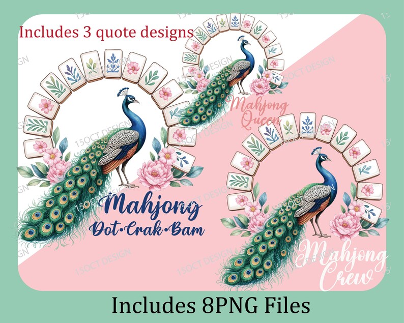 Mahjong Queen Clipart: Watercolor Peacock with Floral Mahjong Tiles (8 PNG Files, 3 Quotes) image 3