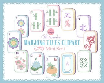 Watercolor Mahjong Tiles Clipart – Mini Set |12 PNG Images, Pastel Mahjong Illustrations, Digital Download