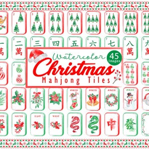 May include: A collection of 45 digital watercolor Christmas Mahjong tiles featuring festive illustrations like pine trees, ornaments, holly, candy canes, and Santa Claus. The central text reads Watercolor Christmas Mahjong Tiles with a Santa hat.