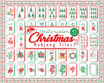 Watercolor Christmas Mahjong Tiles PNG, Holiday Graphics, Xmas Sublimation,45 PNG Files(Full Set)