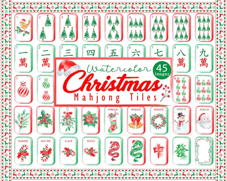 May include: A collection of 45 digital watercolor Christmas Mahjong tiles featuring festive illustrations like pine trees, ornaments, holly, candy canes, and Santa Claus. The central text reads Watercolor Christmas Mahjong Tiles with a Santa hat.
