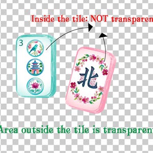 May include: Two rectangular mahjong tiles with rounded corners. The left tile is light blue with the number 3 and three circular illustrations of a bird, a pagoda, and a lotus. The right tile is pink with a floral wreath and a dark blue character.