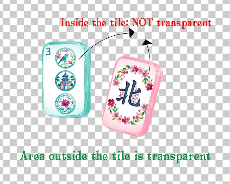 May include: Two rectangular mahjong tiles with rounded corners. The left tile is light blue with the number 3 and three circular illustrations of a bird, a pagoda, and a lotus. The right tile is pink with a floral wreath and a dark blue character.