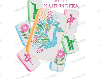 May include: A collection of Mahjong tiles with various designs, including a peacock, bamboo, and flowers. The text "IN MY MAHJONG ERA" is displayed in pink. The image has a white background and a green PNG label.