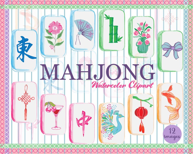 Pode incluir: Clipart em aquarela de pe&ccedil;as de Mahjong com v&aacute;rias ilustra&ccedil;&otilde;es, incluindo flores, um leque, bambu, um la&ccedil;o, um peixe koi e uma lanterna. O texto "MAHJONG Watercolor Clipart" &eacute; exibido, com "12 images" no canto inferior direito.