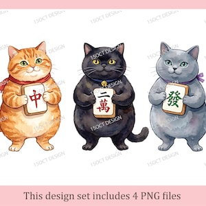 Akvarell Mahjong-katter Clipart-set - 3 kattfigurer med brickor, 4 digitala PNG-filer